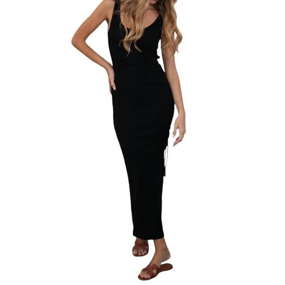 NEW BOBI scoop neck dress with tie shirred slit in black - Picture 1 of 5